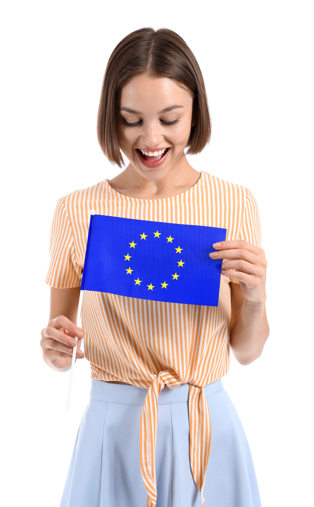 Beautiful Young Woman with Flag of European Union on White Background